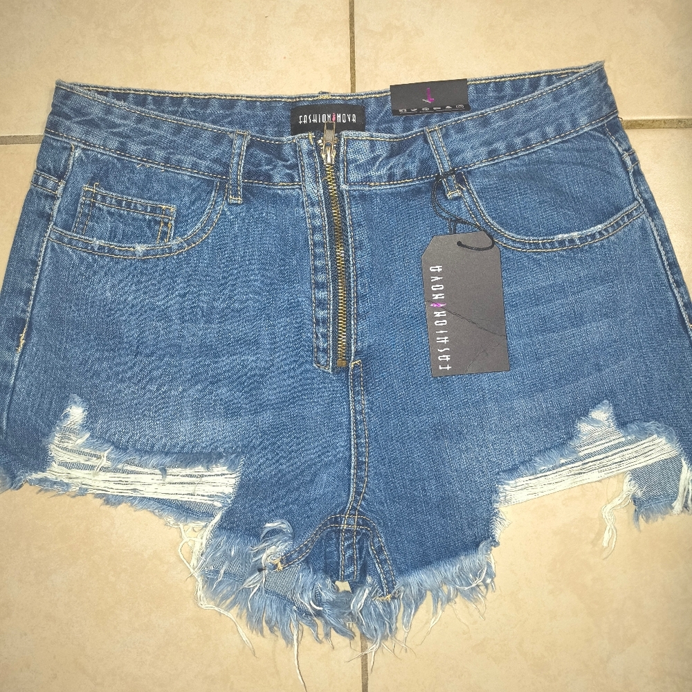 Denim Blue Distressed Women Shorts, L 16" W